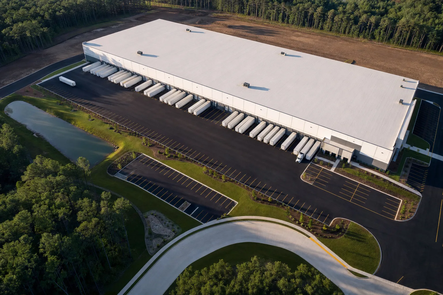 Aerial view of a modern logistics distribution facility with trailers backed into dock doors.